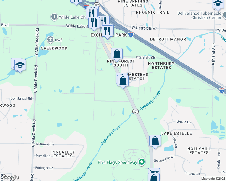 map of restaurants, bars, coffee shops, grocery stores, and more near 2700 Stratford Road in Pensacola