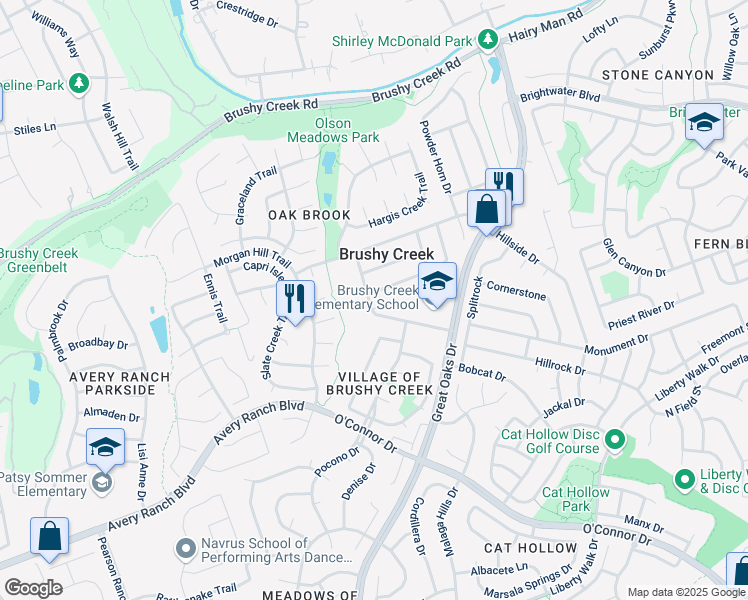 map of restaurants, bars, coffee shops, grocery stores, and more near 405 Stonebridge Drive in Round Rock