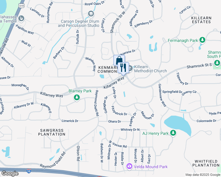 map of restaurants, bars, coffee shops, grocery stores, and more near 3010 Foley Drive in Tallahassee