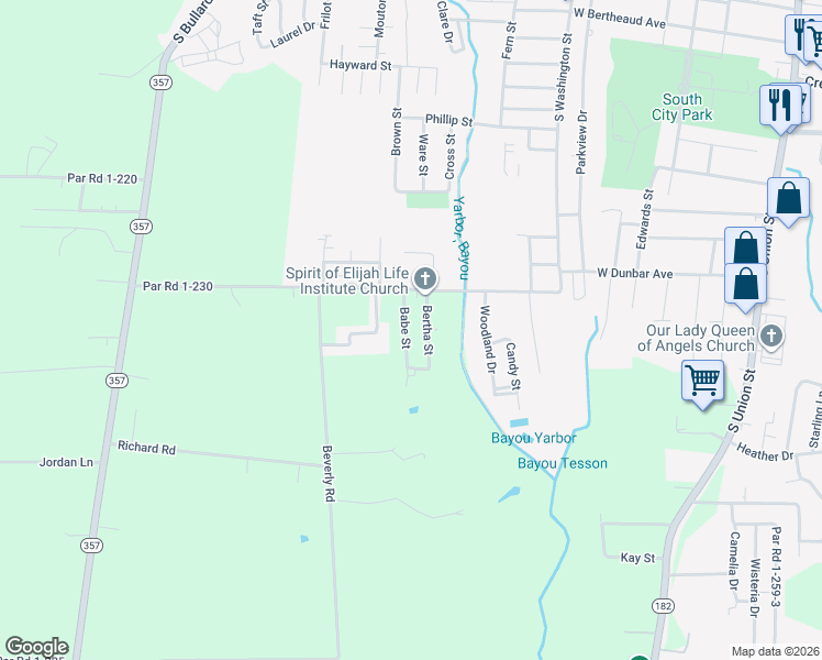 map of restaurants, bars, coffee shops, grocery stores, and more near 2161 Babe Street in Opelousas