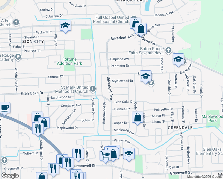 map of restaurants, bars, coffee shops, grocery stores, and more near 6634 Silverleaf Avenue in Baton Rouge