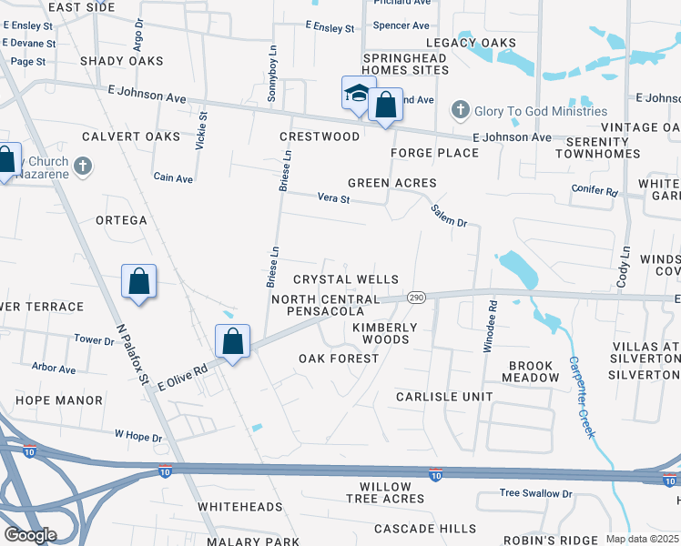 map of restaurants, bars, coffee shops, grocery stores, and more near 8157 Crystal Wells Place in Pensacola
