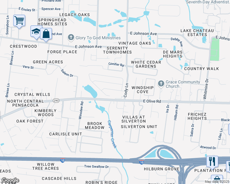 map of restaurants, bars, coffee shops, grocery stores, and more near 1205 Mazurek Boulevard in Pensacola