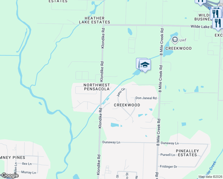 map of restaurants, bars, coffee shops, grocery stores, and more near 4789 Mallard Creek Road in Pensacola