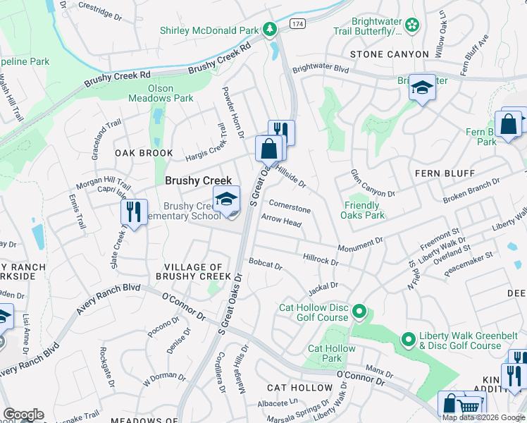 map of restaurants, bars, coffee shops, grocery stores, and more near 423 Arrow Head in Round Rock