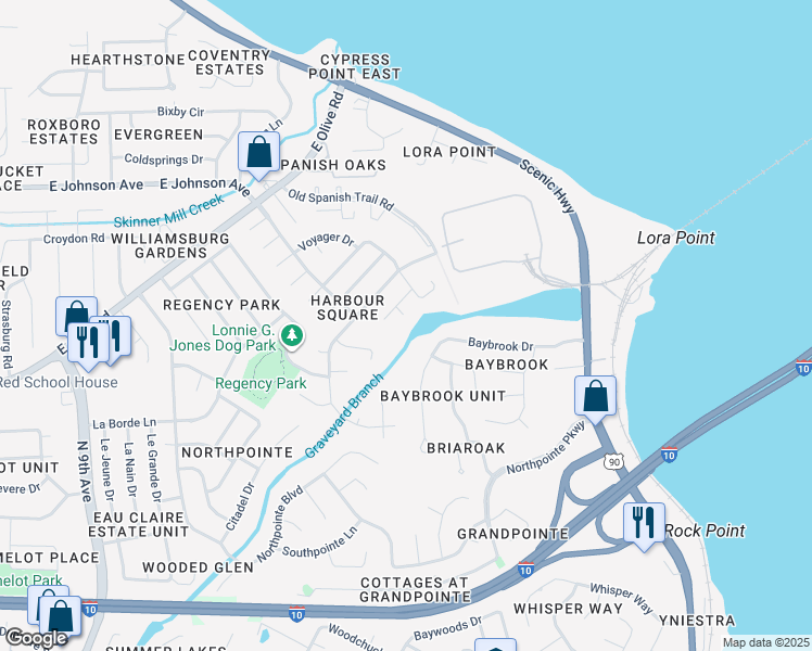 map of restaurants, bars, coffee shops, grocery stores, and more near 4557 Baybrook Drive in Pensacola