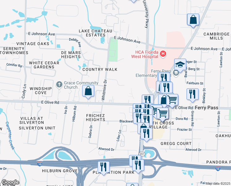map of restaurants, bars, coffee shops, grocery stores, and more near 1718 East Olive Road in Pensacola