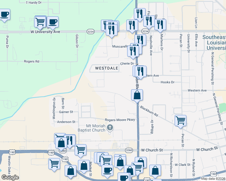 map of restaurants, bars, coffee shops, grocery stores, and more near 1209 Blackburn Road in Hammond