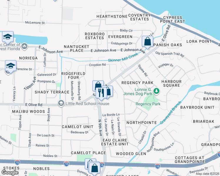 map of restaurants, bars, coffee shops, grocery stores, and more near 699 Eastwood Circle in Pensacola