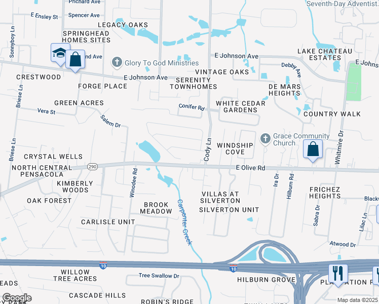 map of restaurants, bars, coffee shops, grocery stores, and more near 1205 Mazurek Boulevard in Pensacola