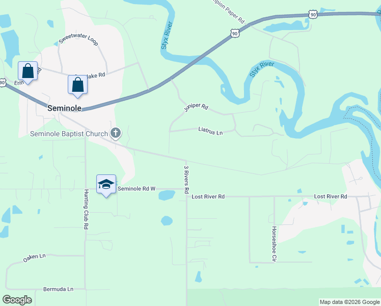 map of restaurants, bars, coffee shops, grocery stores, and more near 33041 Browns Landing Road Exd in Seminole