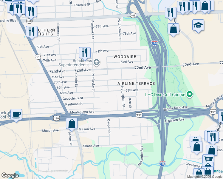 map of restaurants, bars, coffee shops, grocery stores, and more near 2537 68th Avenue in Baton Rouge