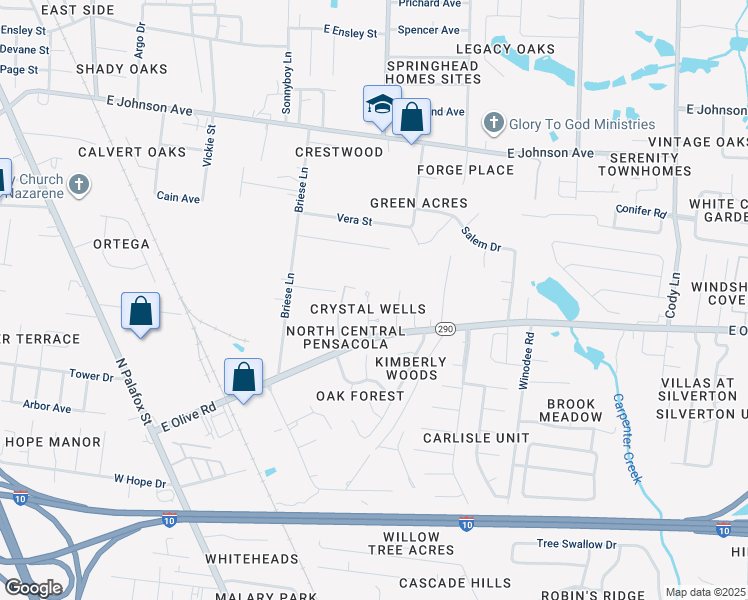 map of restaurants, bars, coffee shops, grocery stores, and more near 8158 Crystal Wells Place in Pensacola
