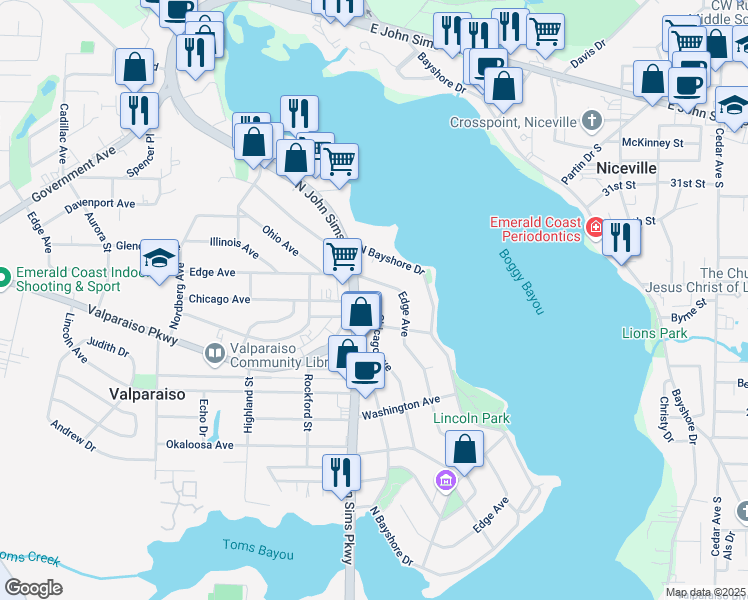 map of restaurants, bars, coffee shops, grocery stores, and more near 243 Chicago Avenue in Valparaiso