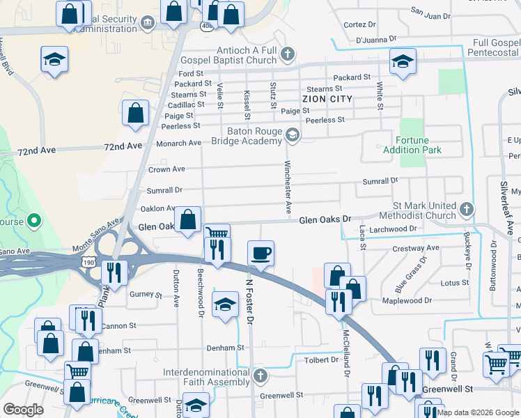 map of restaurants, bars, coffee shops, grocery stores, and more near 5113 Glen Oaks Drive in Baton Rouge