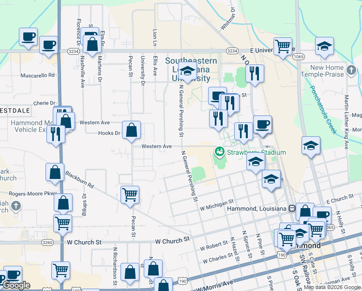 map of restaurants, bars, coffee shops, grocery stores, and more near in Hammond