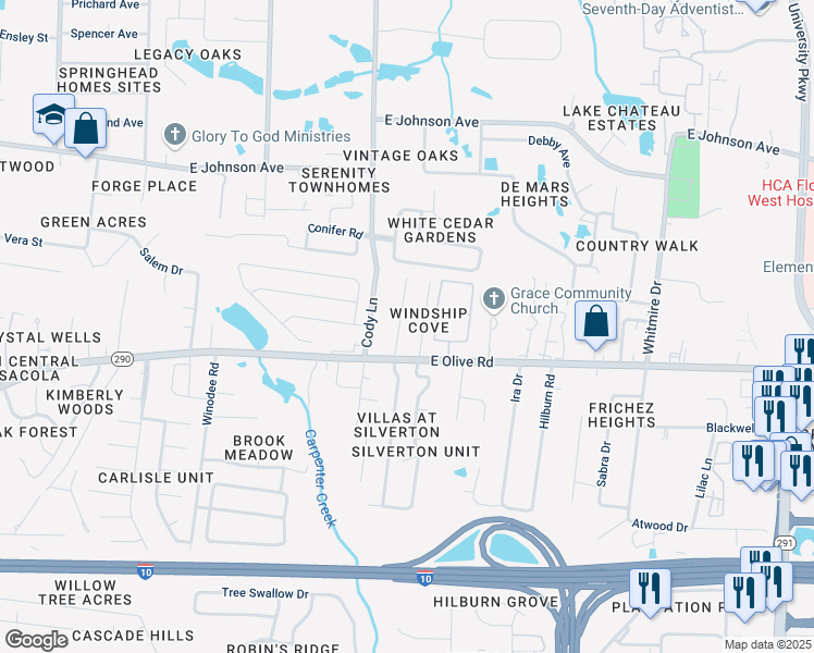 map of restaurants, bars, coffee shops, grocery stores, and more near 8136 Stonebrook Drive in Pensacola