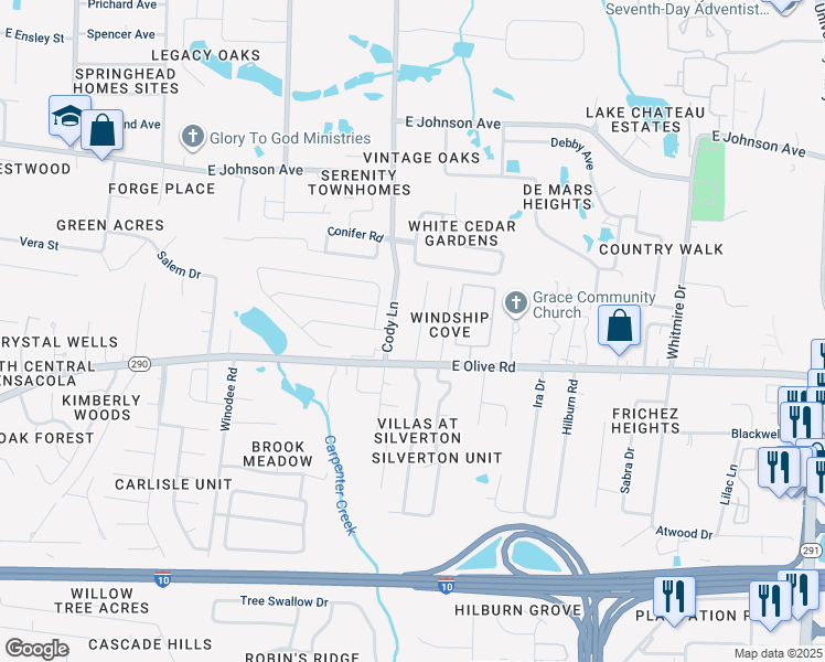 map of restaurants, bars, coffee shops, grocery stores, and more near 8135 Stonebrook Drive in Pensacola