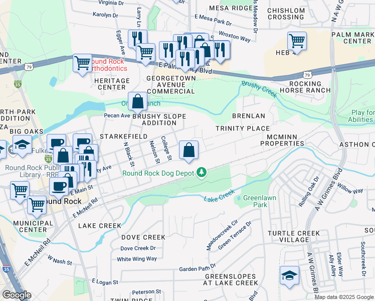 map of restaurants, bars, coffee shops, grocery stores, and more near 1000 East Main Street in Round Rock