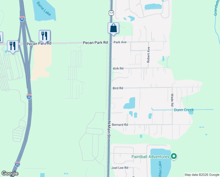 map of restaurants, bars, coffee shops, grocery stores, and more near N Main St & Bird Rd in Jacksonville