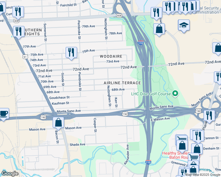 map of restaurants, bars, coffee shops, grocery stores, and more near 2725 68th Avenue in Baton Rouge