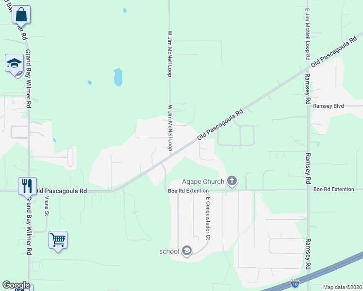 map of restaurants, bars, coffee shops, grocery stores, and more near 11756 Old Pascagoula Road in Grand Bay