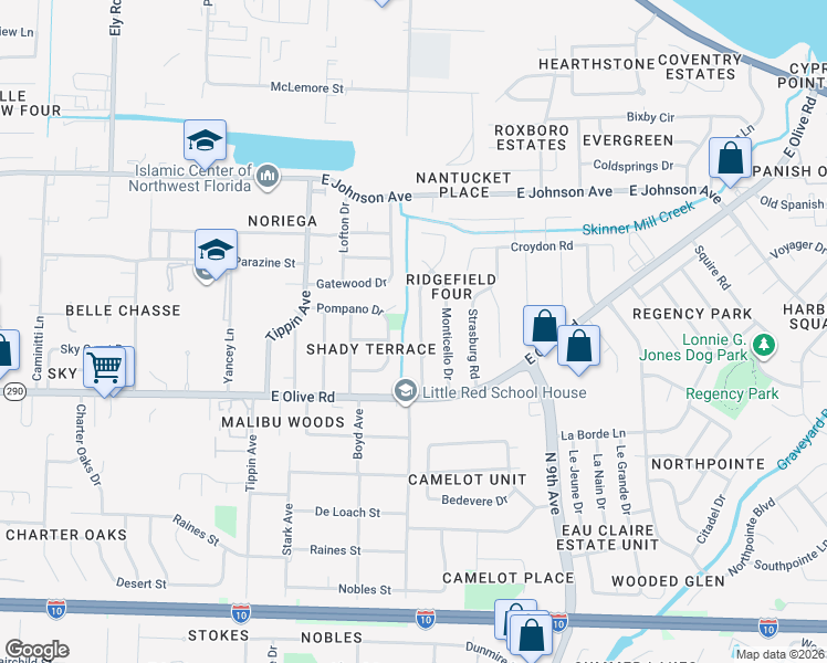map of restaurants, bars, coffee shops, grocery stores, and more near 3712 Pompano Drive in Pensacola