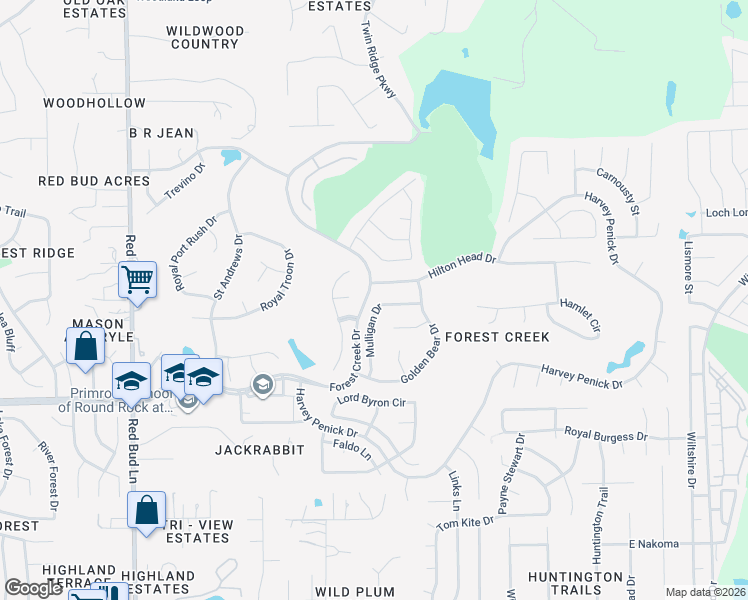 map of restaurants, bars, coffee shops, grocery stores, and more near 1920 Mulligan Drive in Round Rock