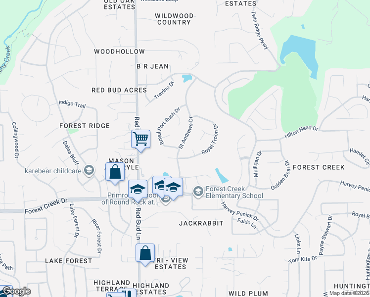 map of restaurants, bars, coffee shops, grocery stores, and more near 3804 Royal Troon Drive in Round Rock