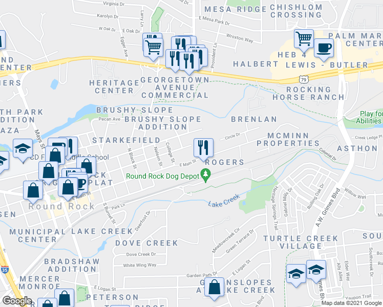 map of restaurants, bars, coffee shops, grocery stores, and more near 1000 East Main Street in Round Rock