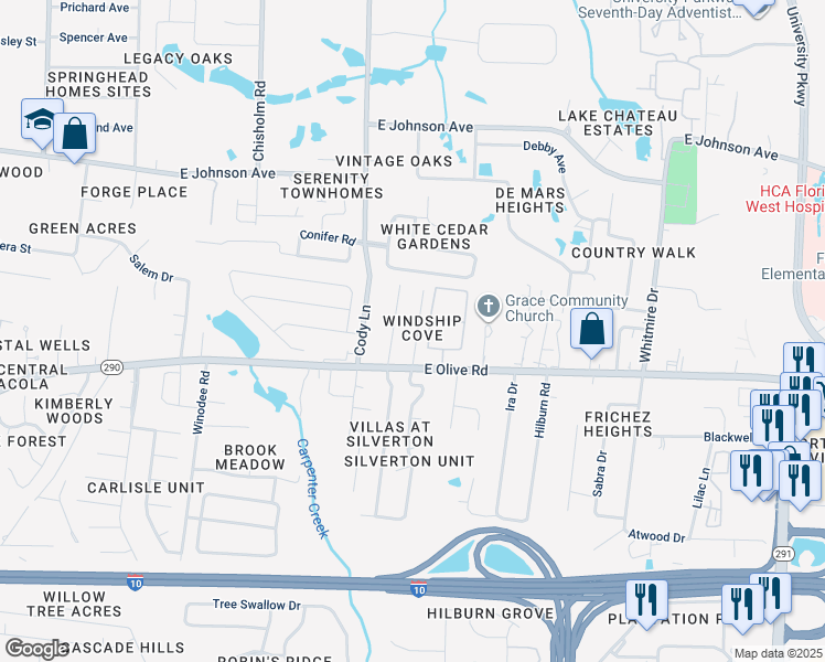 map of restaurants, bars, coffee shops, grocery stores, and more near 8129 Heirloom Drive in Pensacola