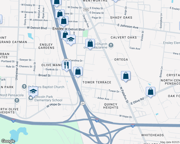 map of restaurants, bars, coffee shops, grocery stores, and more near 211 Charleston Drive in Pensacola