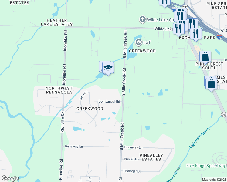 map of restaurants, bars, coffee shops, grocery stores, and more near 3720 Don Janeal Road in Pensacola