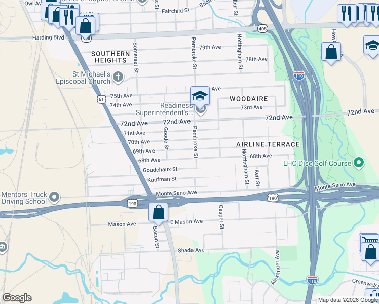 map of restaurants, bars, coffee shops, grocery stores, and more near 2288 68th Avenue in Baton Rouge