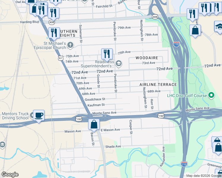map of restaurants, bars, coffee shops, grocery stores, and more near 2288 68th Avenue in Baton Rouge