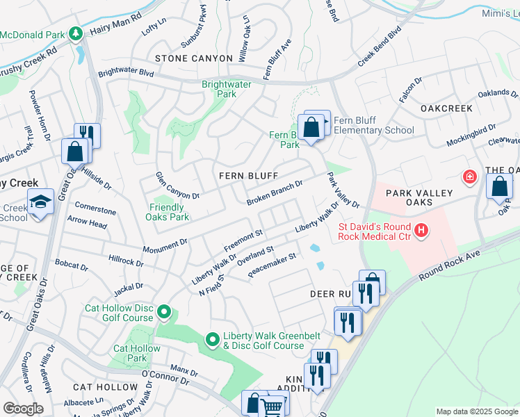 map of restaurants, bars, coffee shops, grocery stores, and more near 504 Springbok Drive in Round Rock