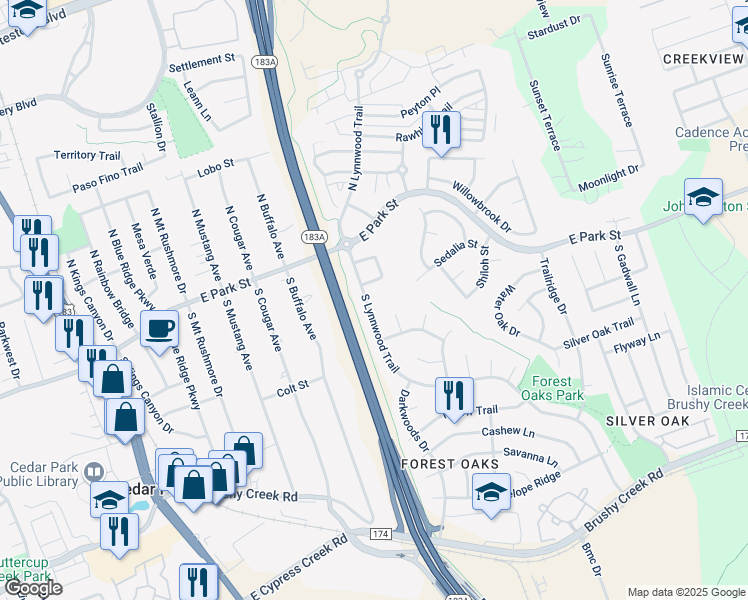 map of restaurants, bars, coffee shops, grocery stores, and more near 303 South Lynnwood Trail in Cedar Park