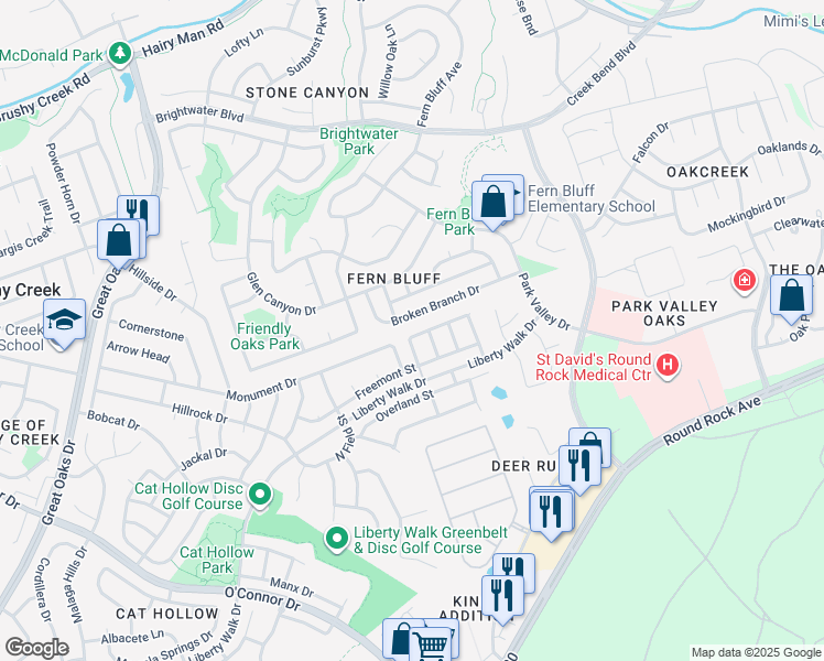 map of restaurants, bars, coffee shops, grocery stores, and more near 220 Valona Loop in Round Rock