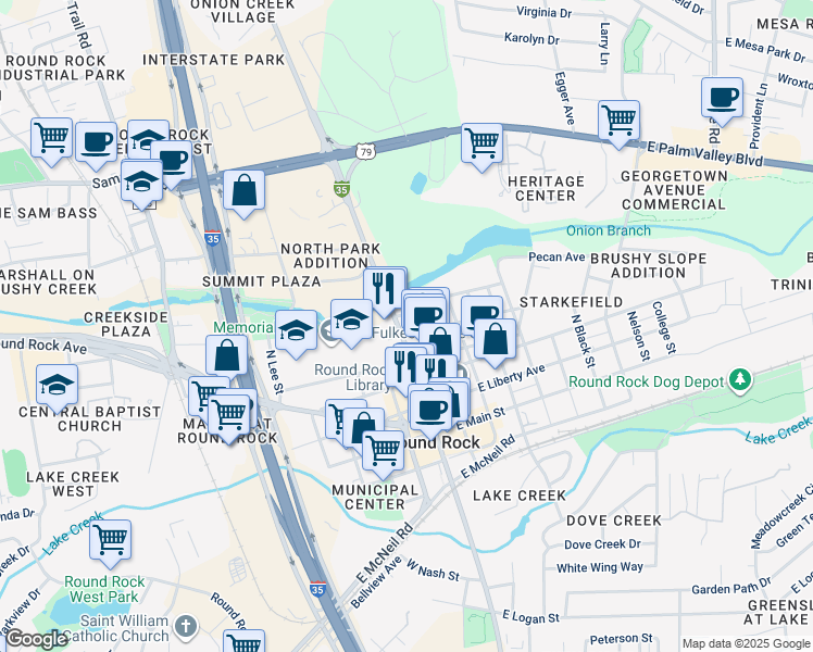 map of restaurants, bars, coffee shops, grocery stores, and more near 408 North Mays Street in Round Rock