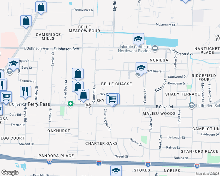 map of restaurants, bars, coffee shops, grocery stores, and more near 3010 Sky Crest Drive in Pensacola