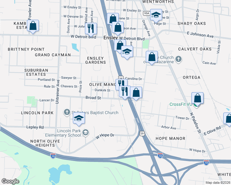 map of restaurants, bars, coffee shops, grocery stores, and more near 524-554 Broad Street in Pensacola
