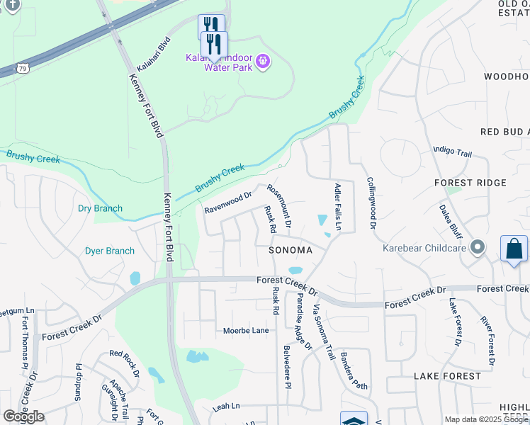 map of restaurants, bars, coffee shops, grocery stores, and more near 832 Rusk Road in Round Rock