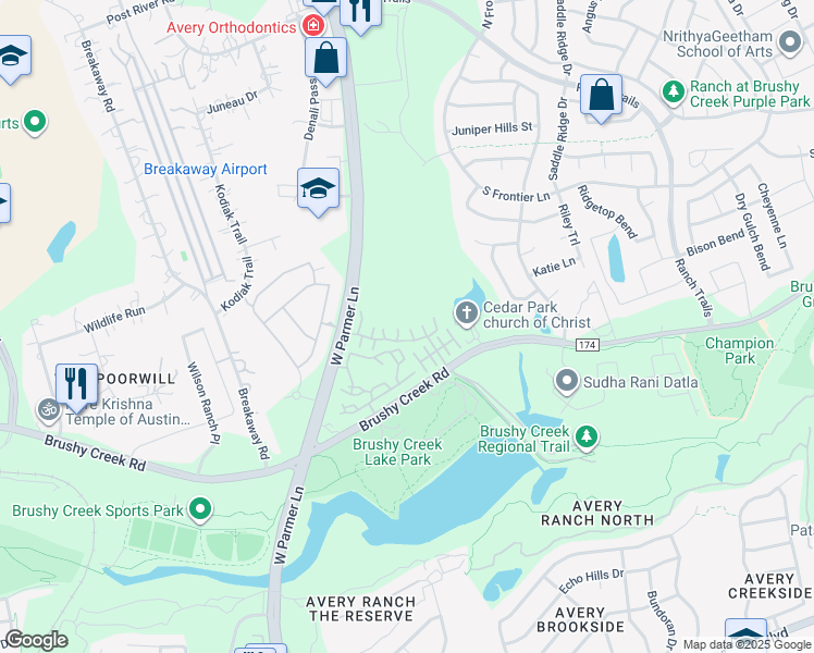 map of restaurants, bars, coffee shops, grocery stores, and more near 11400 West Parmer Lane in Cedar Park