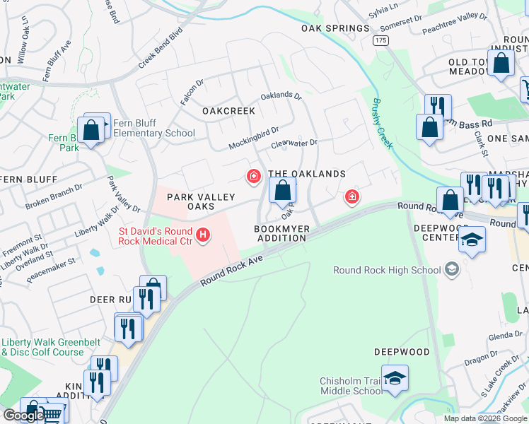 map of restaurants, bars, coffee shops, grocery stores, and more near 503 Oak Park Drive in Round Rock