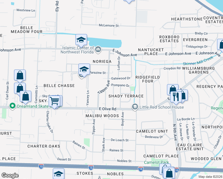map of restaurants, bars, coffee shops, grocery stores, and more near 8261 Excelsior Drive in Pensacola