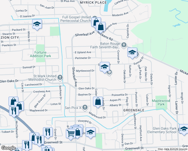 map of restaurants, bars, coffee shops, grocery stores, and more near 6865 Myrtlewood Drive in Baton Rouge