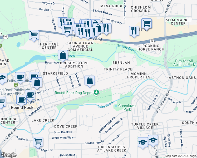 map of restaurants, bars, coffee shops, grocery stores, and more near 1400 Circle Drive in Round Rock