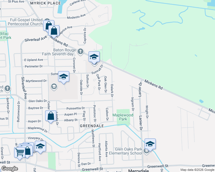 map of restaurants, bars, coffee shops, grocery stores, and more near 6810 Oak Glen Drive in Baton Rouge