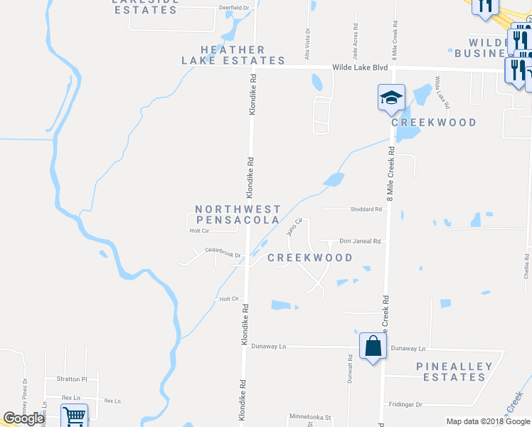 map of restaurants, bars, coffee shops, grocery stores, and more near 4776 Mallard Creek Road in Pensacola
