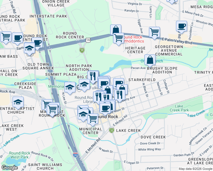 map of restaurants, bars, coffee shops, grocery stores, and more near 508 North Sheppard Street in Round Rock